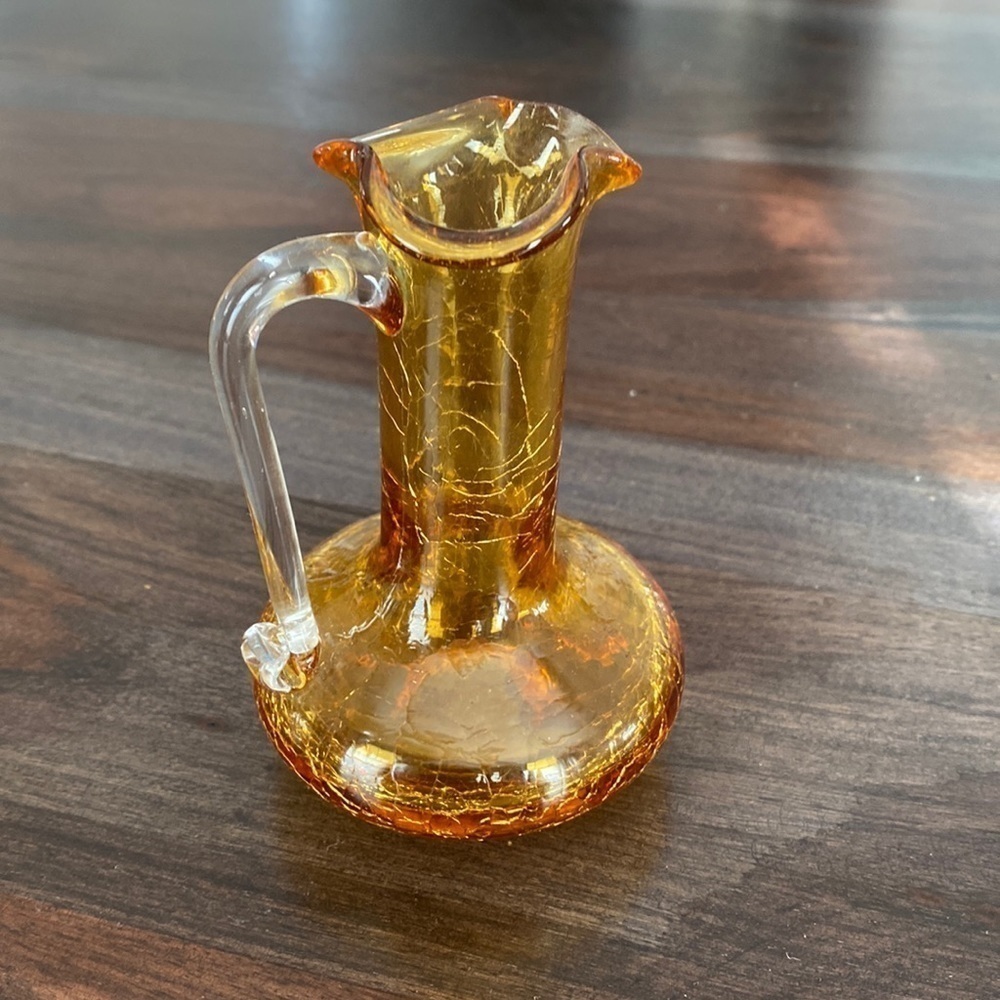 Mid Century PIlgrim Hand Blown Amber Crackle Glass Mini Pitcher